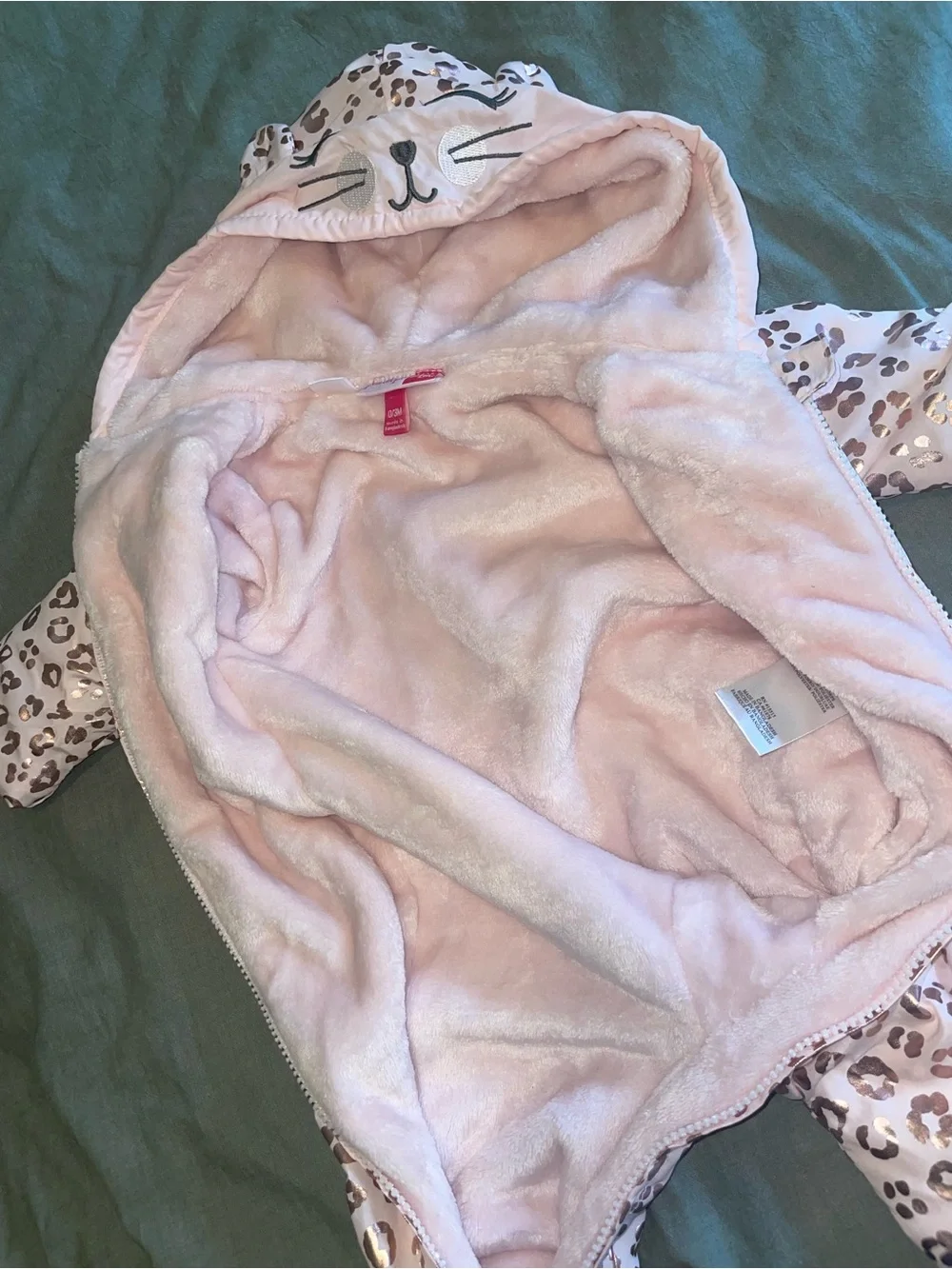 Baby Pink Leopard Hooded One-Piece with metallic Gold Accents 0-3 month